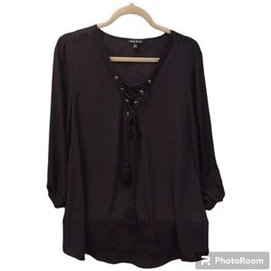 Sami & Jo Sheer Black Dressy Long-Sleeved Lace up Tie Blouse Large